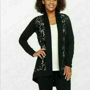 LOGO Lori Goldstein Open Front Slub Cardigan Lace Size S Black Long Sleeve #h24